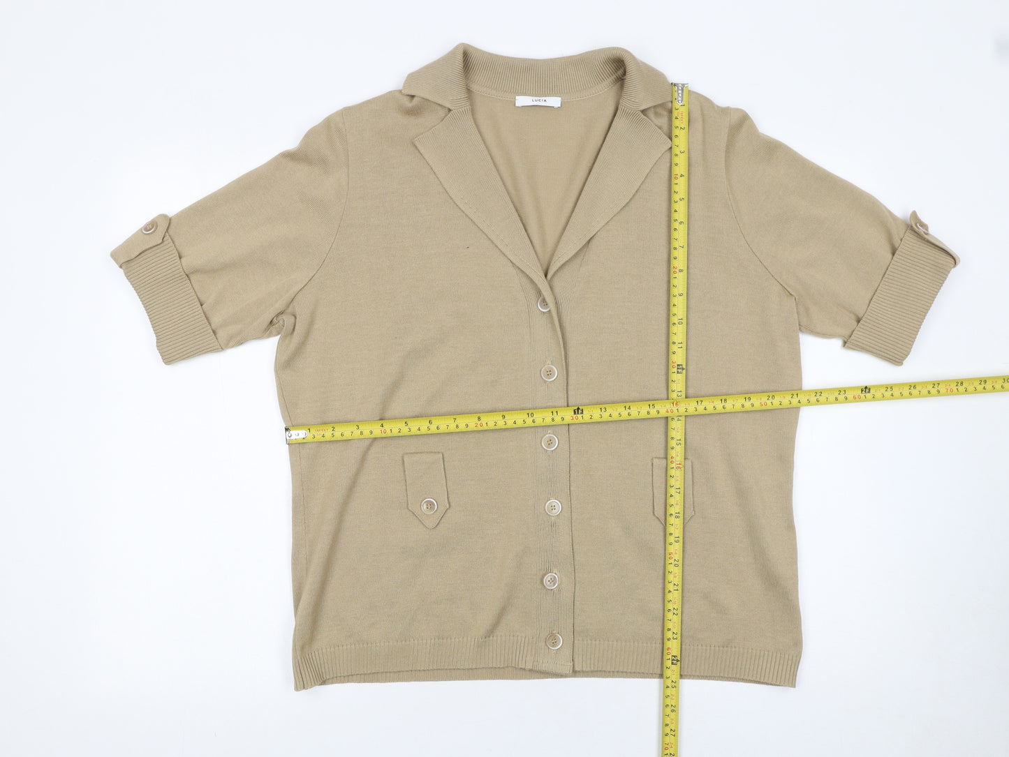 Lucia Women's Beige Short Sleeve Collared Knit Cardigan Size 16