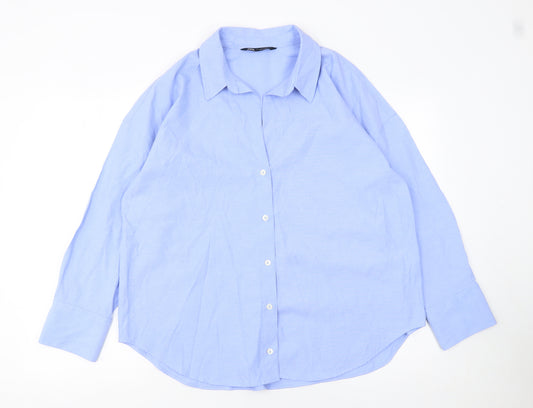 ZARA Women Blue Relaxed Fit Cotton Blend Long Sleeve Button-Up Shirt L