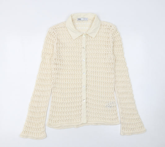 Zara Women Ivory Crochet Button-Up Long Sleeve Shirt M