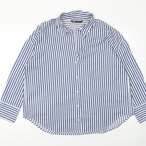 ZARA Women Blue Striped Button-Up Long Sleeve Shirt L