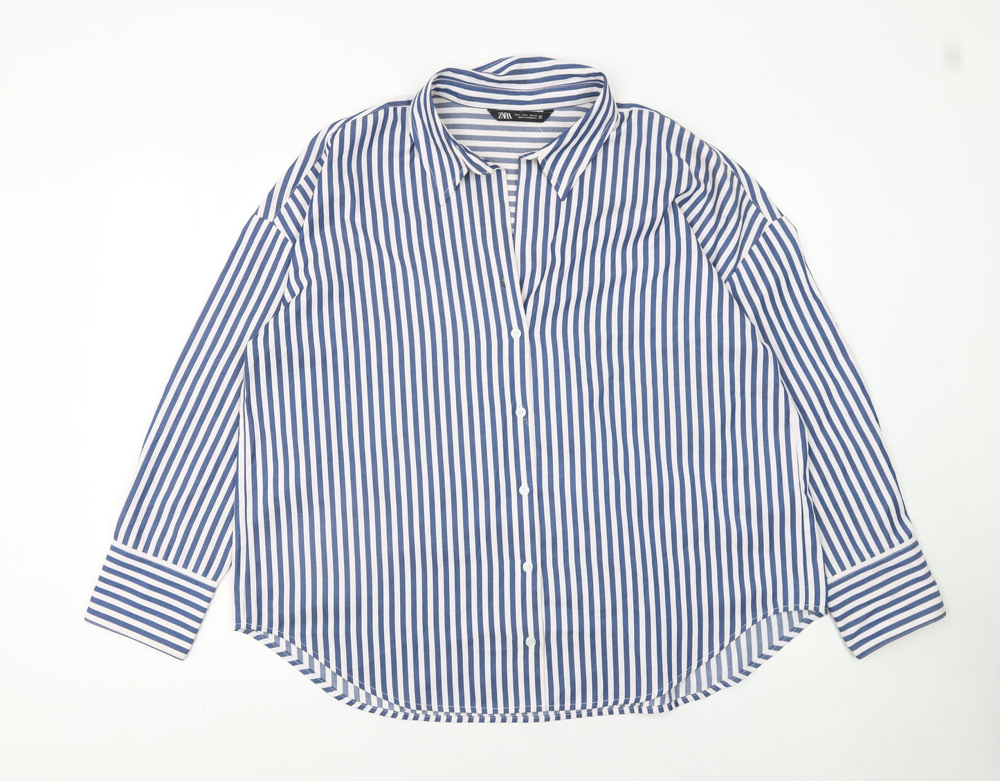 ZARA Women Blue Striped Button-Up Long Sleeve Shirt L