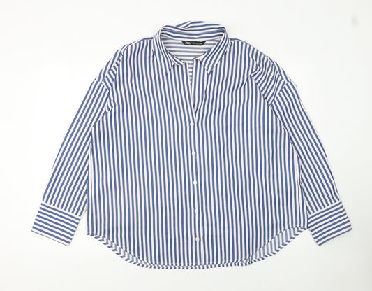 ZARA Women Blue Striped Button-Up Long Sleeve Shirt L