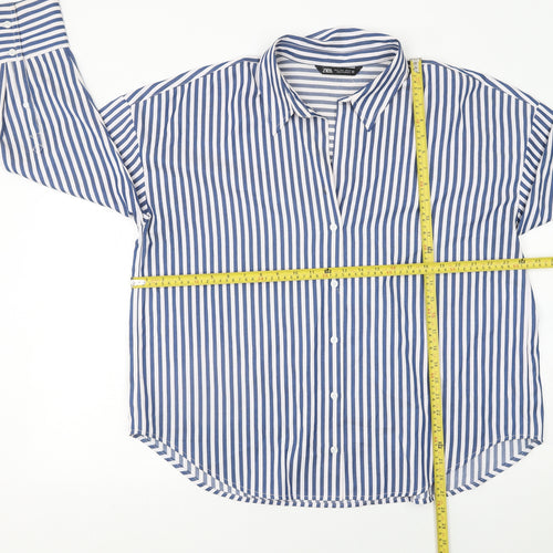 ZARA Women Blue Striped Button-Up Long Sleeve Shirt L
