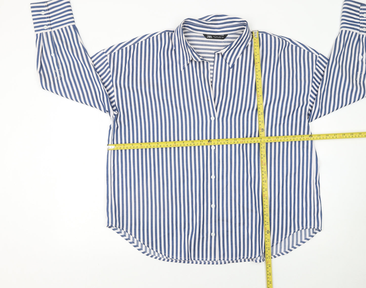 ZARA Women Blue Striped Button-Up Long Sleeve Shirt L