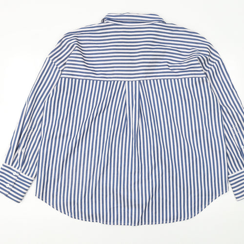 ZARA Women Blue Striped Button-Up Long Sleeve Shirt L
