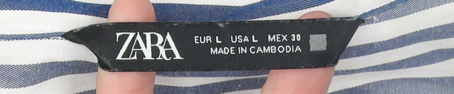 ZARA Women Blue Striped Button-Up Long Sleeve Shirt L