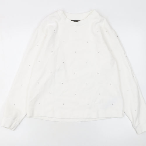 Massimo Dutti Women White Small Pullover Sweatshirt Beaded Cotton Blend