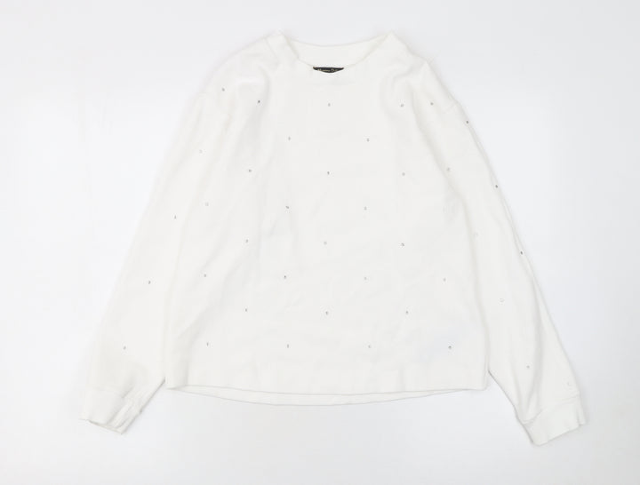 Massimo Dutti Women White Small Pullover Sweatshirt Beaded Cotton Blend