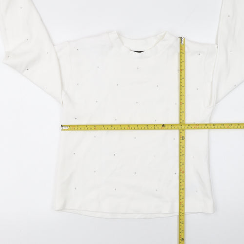 Massimo Dutti Women White Small Pullover Sweatshirt Beaded Cotton Blend