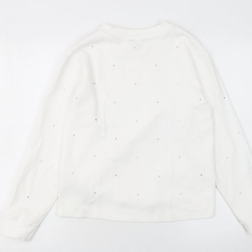 Massimo Dutti Women White Small Pullover Sweatshirt Beaded Cotton Blend