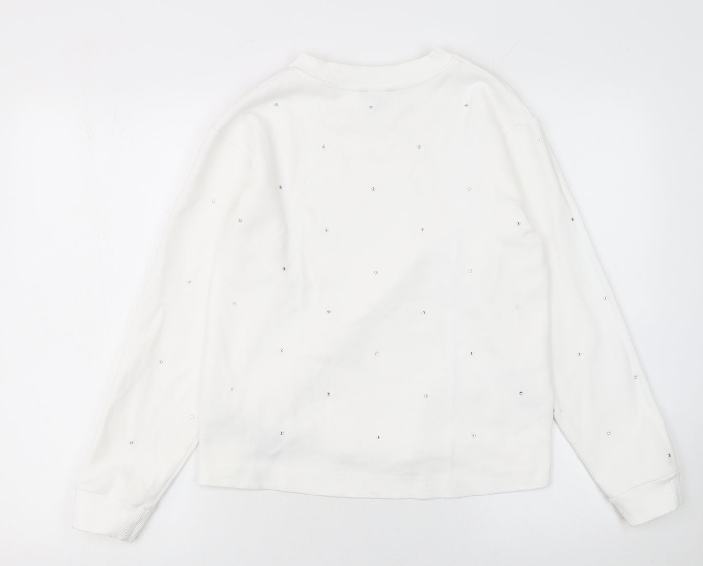 Massimo Dutti Women White Small Pullover Sweatshirt Beaded Cotton Blend
