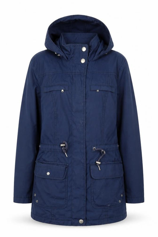 Front view of ESPRIT Women's Blue Mid-Length Hooded Parka Jacket, size 12