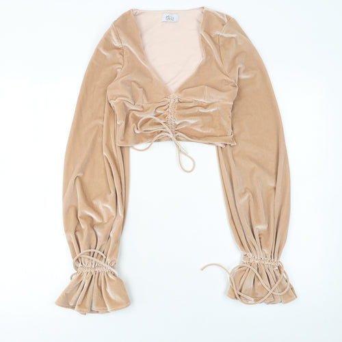 Oh Polly Womens Beige Velvet Cropped Ruched Long Sleeve Blouse UK 6