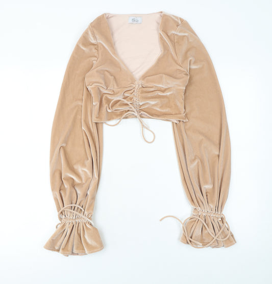 Oh Polly Womens Beige Velvet Cropped Ruched Long Sleeve Blouse UK 6