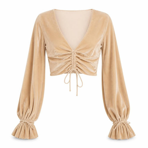 Oh Polly Womens Beige Velvet Cropped Ruched Long Sleeve Blouse UK 6