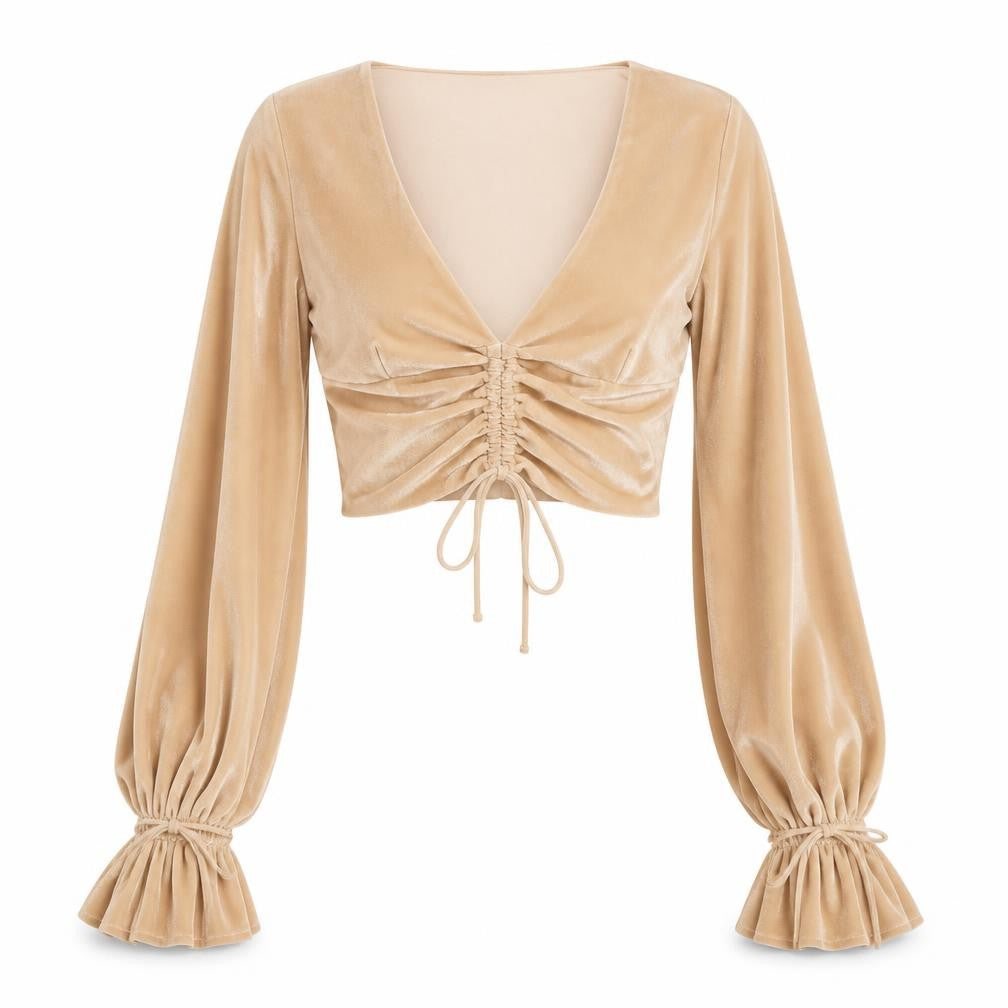 Oh Polly Womens Beige Velvet Cropped Ruched Long Sleeve Blouse UK 6