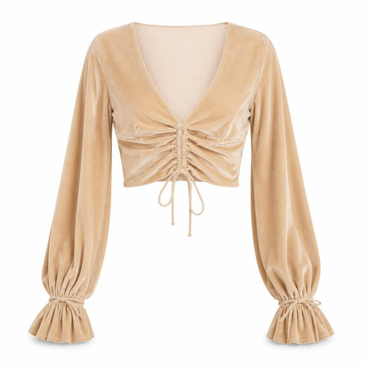 Front view of Oh Polly women’s beige velvet cropped ruched long sleeve blouse uk 6