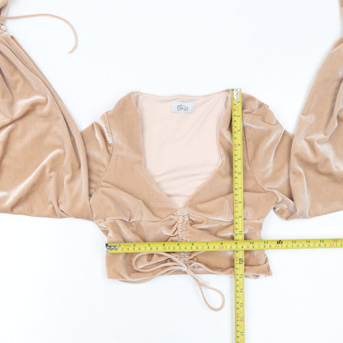 Oh Polly Womens Beige Velvet Cropped Ruched Long Sleeve Blouse UK 6