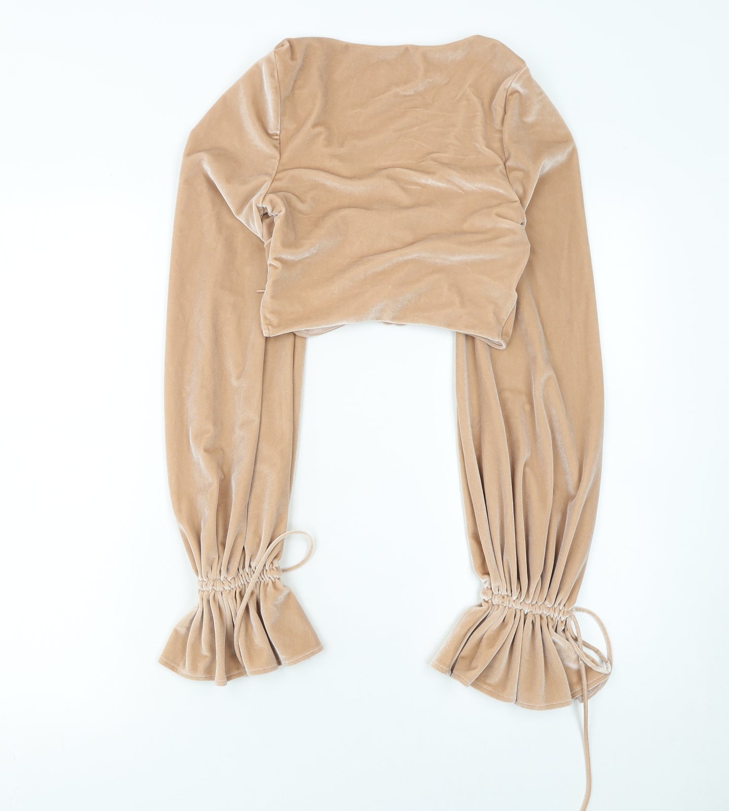 Oh Polly Womens Beige Velvet Cropped Ruched Long Sleeve Blouse UK 6