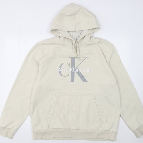 Calvin Klein Men's Beige Pullover Hoodie L Logo Fleece Sweatshirt