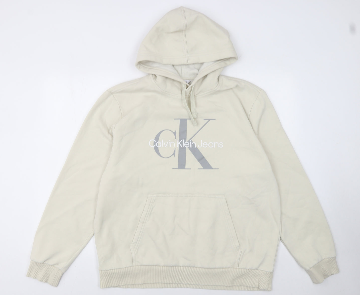Calvin Klein Men's Beige Pullover Hoodie L Logo Fleece Sweatshirt