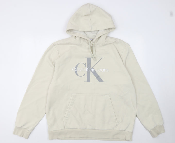 Calvin Klein Men's Beige Pullover Hoodie L Logo Fleece Sweatshirt