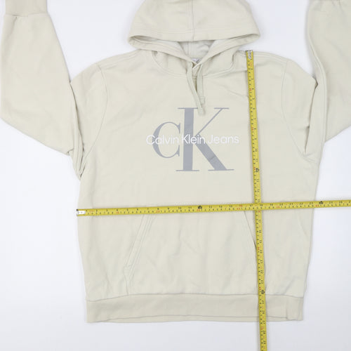 Calvin Klein Men's Beige Pullover Hoodie L Logo Fleece Sweatshirt