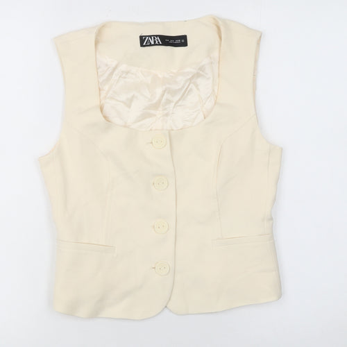 Zara Women Beige Sleeveless Cropped Button Blouse Size S