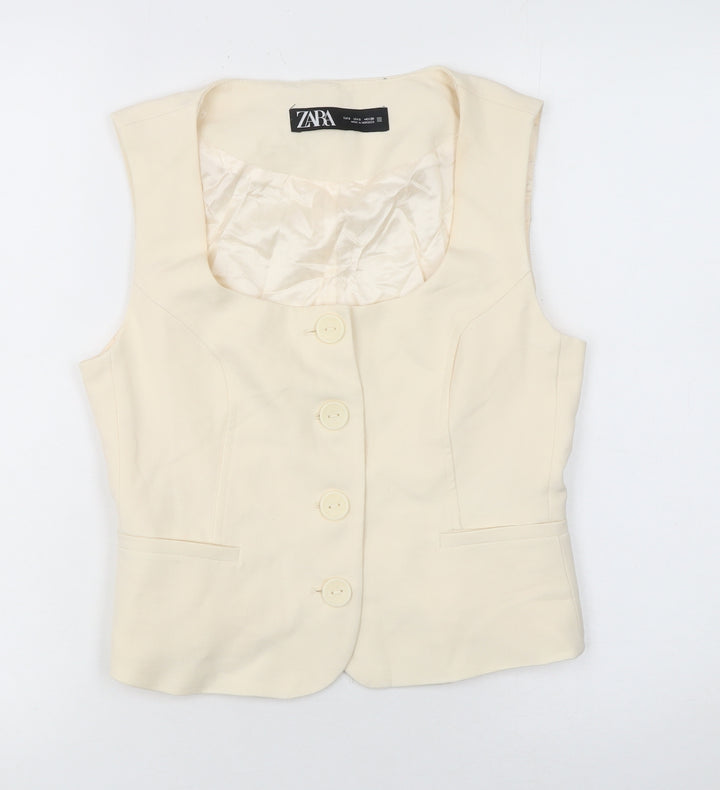 Zara Women Beige Sleeveless Cropped Button Blouse Size S