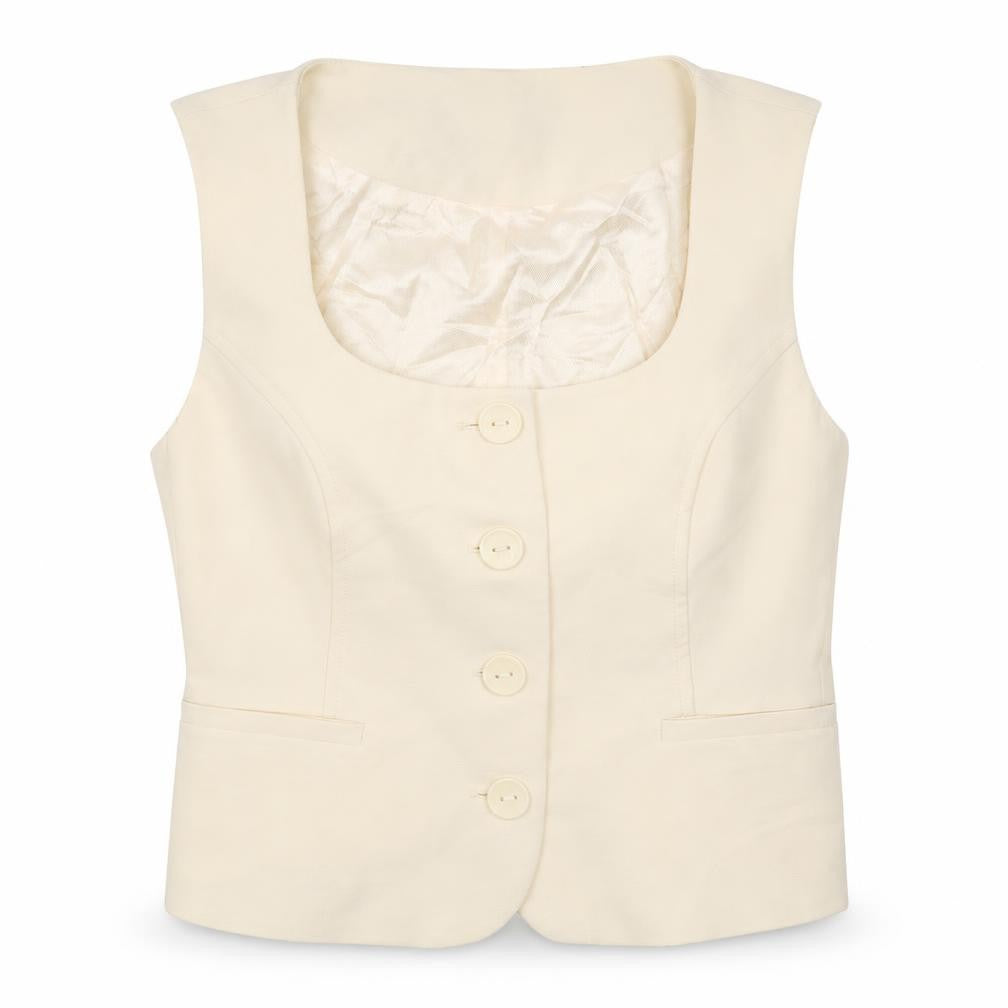 Front view of Zara Women Beige Sleeveless Cropped Button Blouse, size S