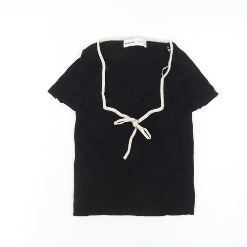 Bershka Women Black V-Neck Tie Knit T-Shirt Size 12