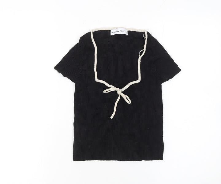 Bershka Women Black V-Neck Tie Knit T-Shirt Size 12