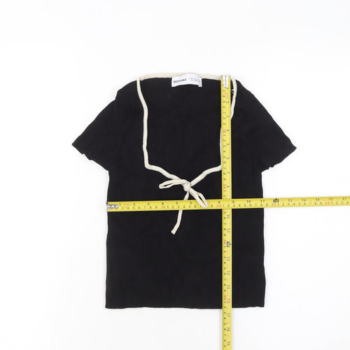 Bershka Women Black V-Neck Tie Knit T-Shirt Size 12