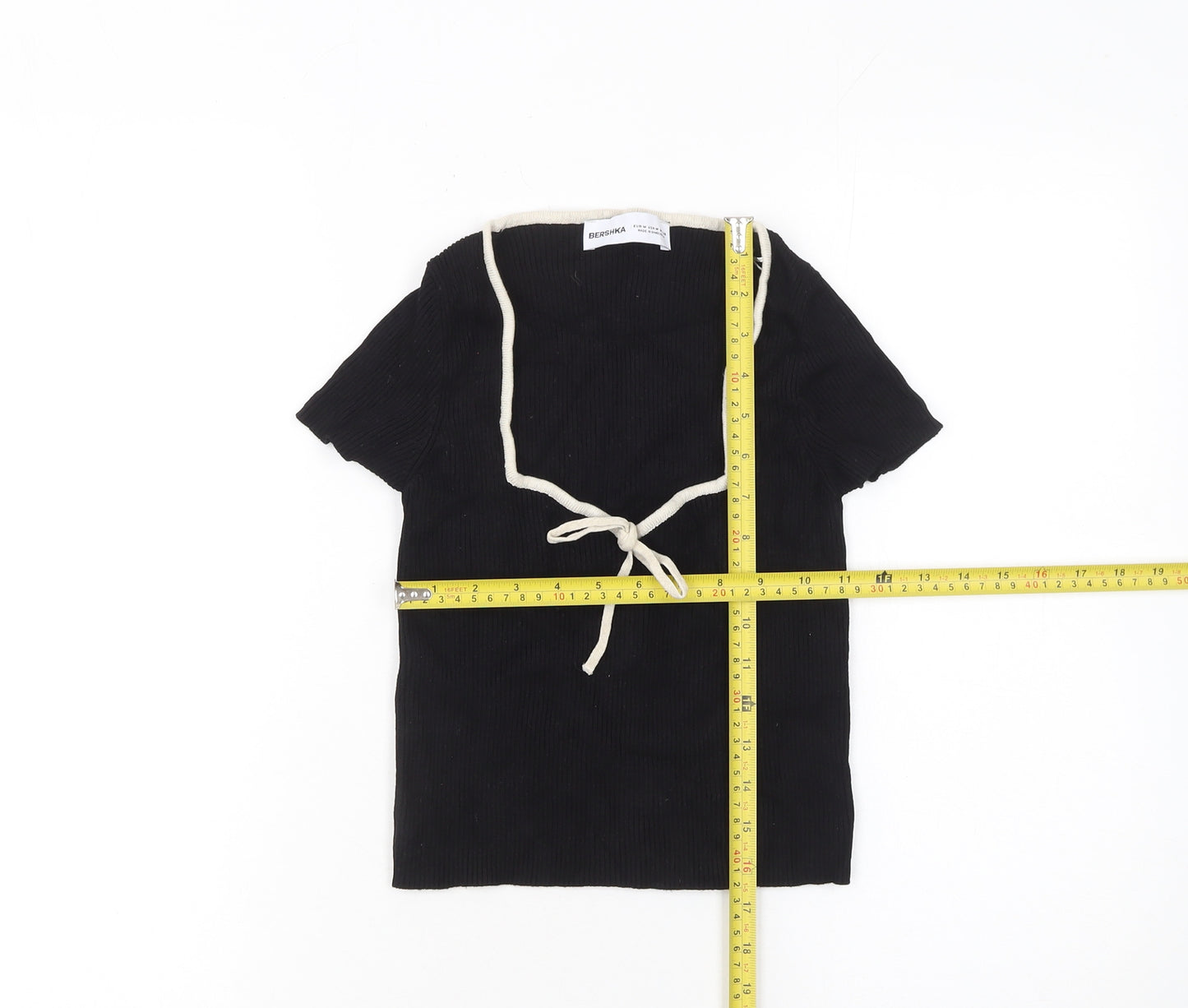 Bershka Women Black V-Neck Tie Knit T-Shirt Size 12