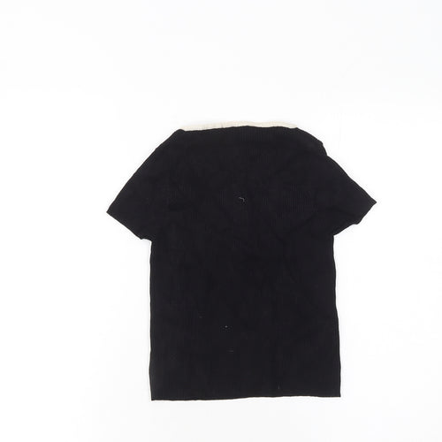 Bershka Women Black V-Neck Tie Knit T-Shirt Size 12