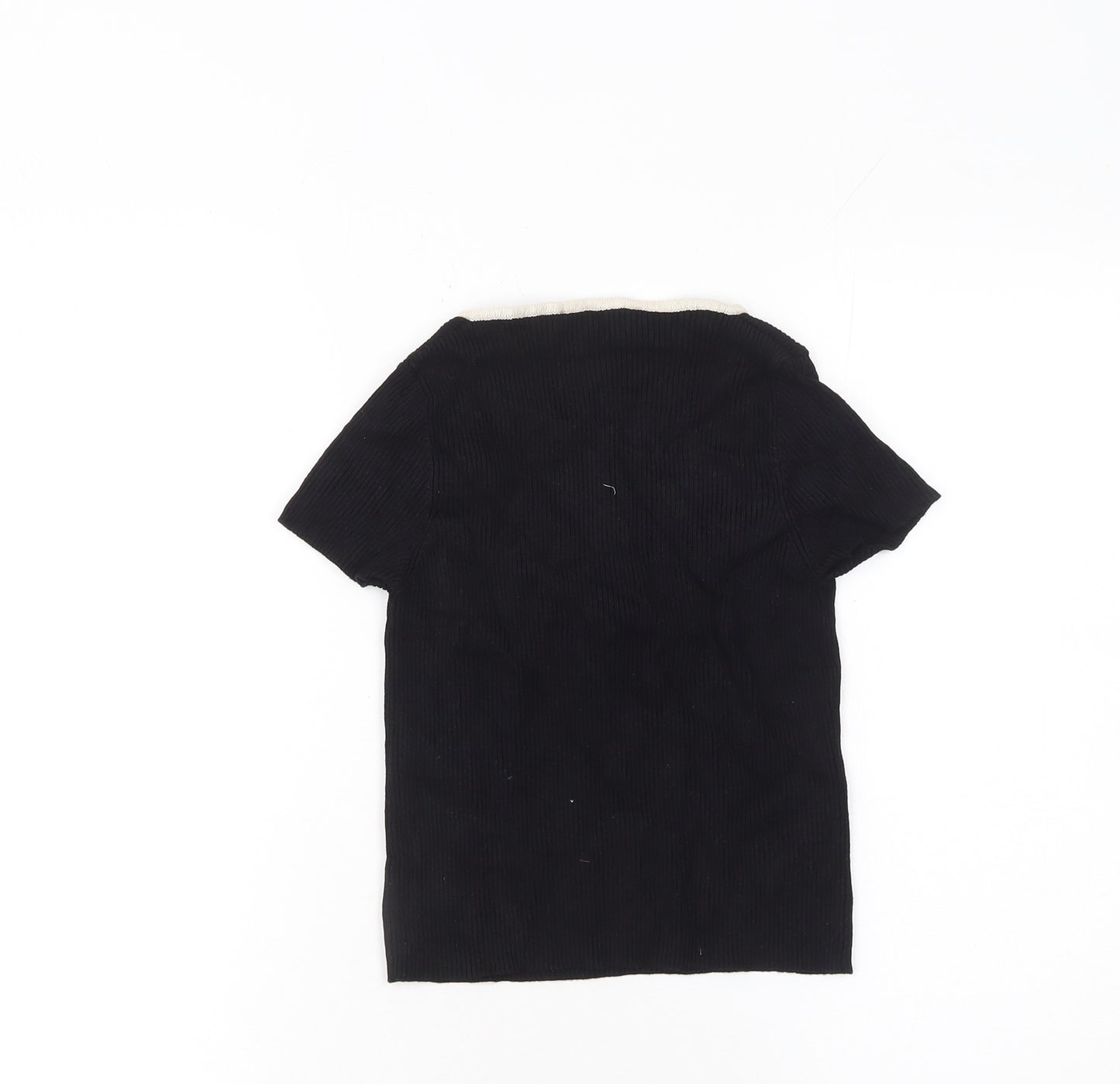 Bershka Women Black V-Neck Tie Knit T-Shirt Size 12