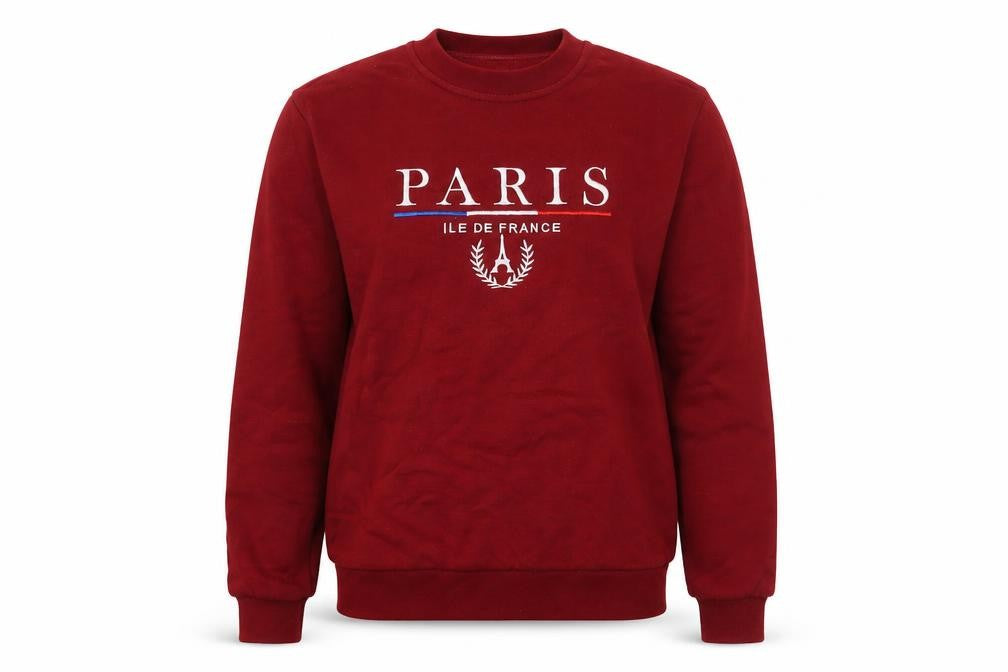 Front view of Paris Tour D'Or Red Crew Neck Sweatshirt Women S Paris Print Pullover