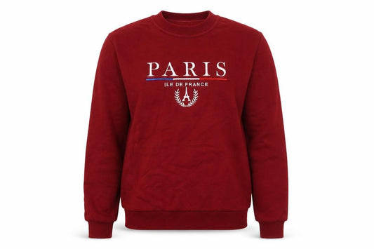 Front view of Paris Tour D'Or Red Crew Neck Sweatshirt Women S Paris Print Pullover