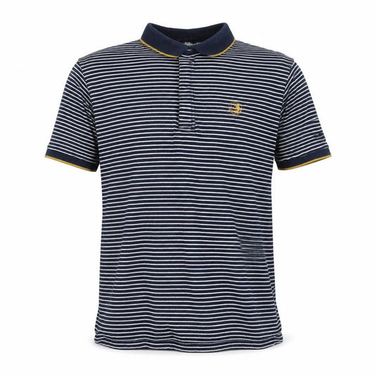 Front view of Regatta men’s blue striped cotton polo shirt l short sleeve collared