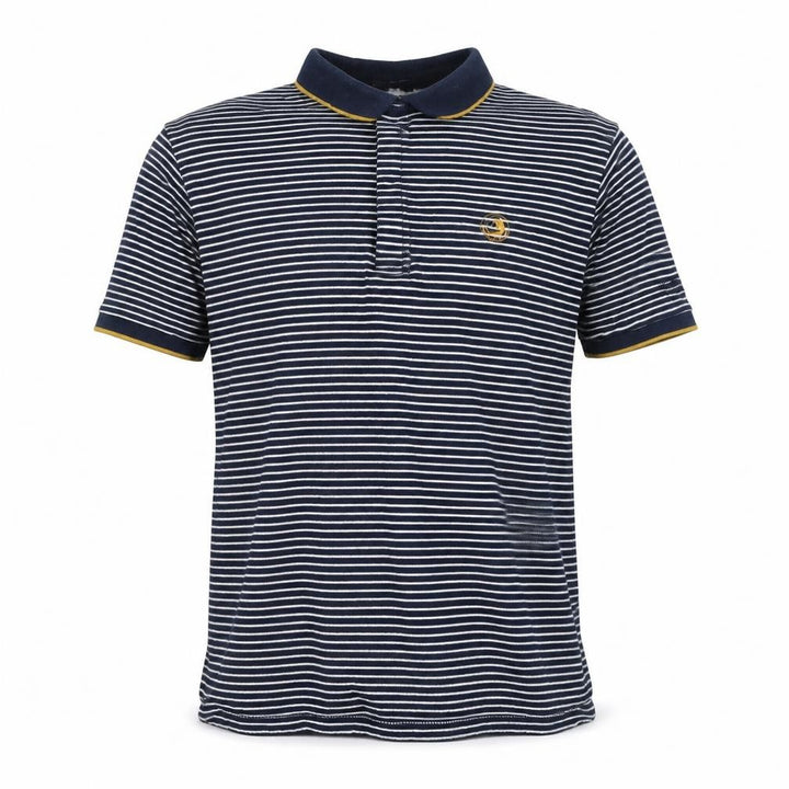 Front view of Regatta men’s blue striped cotton polo shirt l short sleeve collared