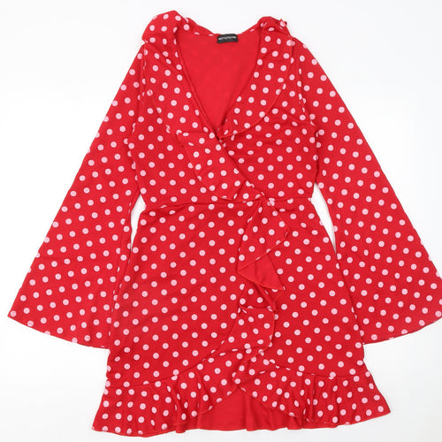 PrettyLittleThing Women Red Polka Dot Wrap Mini Dress Size 10