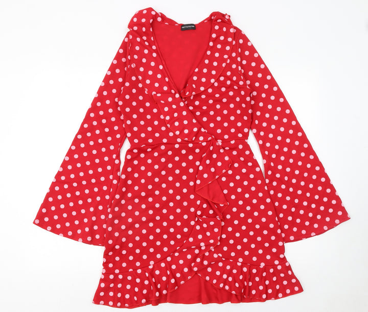 PrettyLittleThing Women Red Polka Dot Wrap Mini Dress Size 10