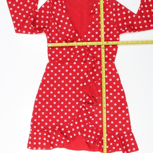 PrettyLittleThing Women Red Polka Dot Wrap Mini Dress Size 10
