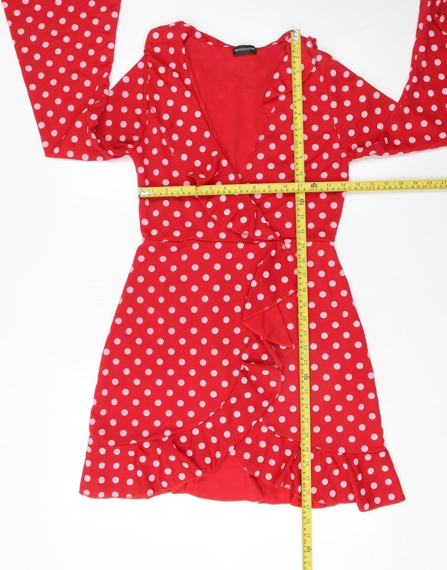 PrettyLittleThing Women Red Polka Dot Wrap Mini Dress Size 10