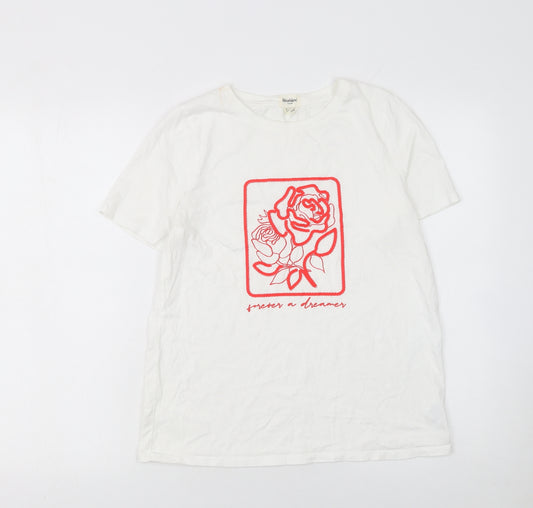River Island Women's White Floral Embroidered Cotton T-Shirt Size 10