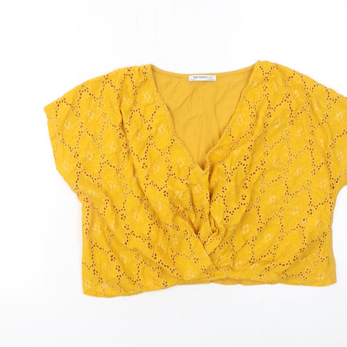 Zara Trafaluc Women's Yellow Cropped Lace V-Neck Short Sleeve Blouse Size S