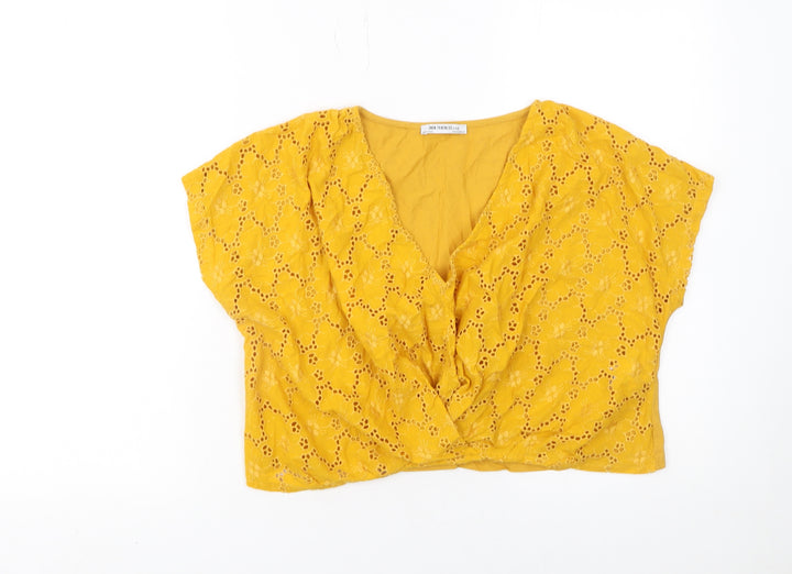 Zara Trafaluc Women's Yellow Cropped Lace V-Neck Short Sleeve Blouse Size S