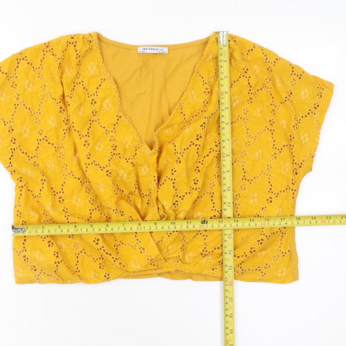 Zara Trafaluc Women's Yellow Cropped Lace V-Neck Short Sleeve Blouse Size S