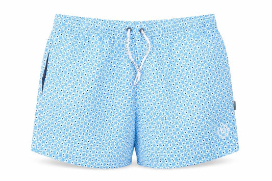 Front view of Bugatti Men's Blue Floral Swim Shorts M Elastic Waist Quick Dry