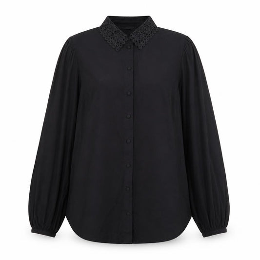 Front view of Next Women's Black Collared Lace Button-Up Blouse, size 14